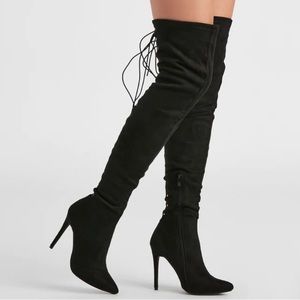 Just Fab, over the knee, lace up in back black heeled boots, Size 7